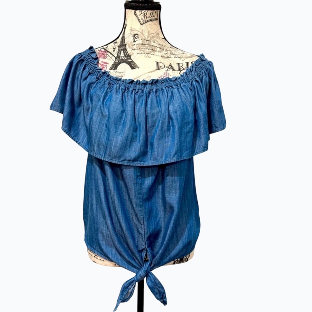Crown & Blue Ruffled Chambray Off Shoulder Top with Front Tie size L